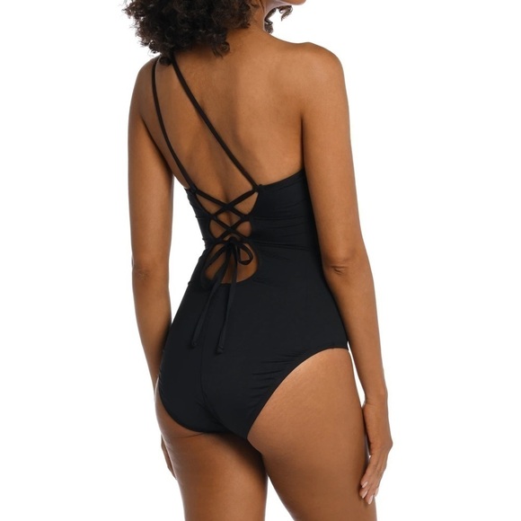 New La Blanca Island Goddess Lace Up Back One Shoulder One Piece Swimsuit Black - Picture 3 of 11